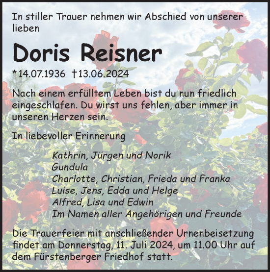 Traueranzeige von Doris Reisner von Märkische Oderzeitung