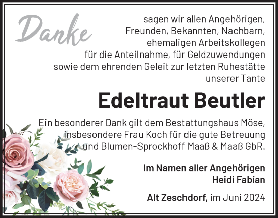 Traueranzeige von Edeltraut Beutler von Märkische Oderzeitung