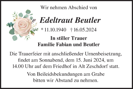 Traueranzeige von Edeltraut Beutler von Märkische Oderzeitung