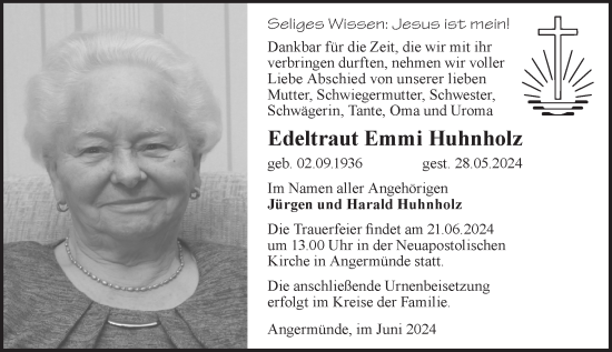 Traueranzeige von Edeltraut Emmi Huhnholz von Märkische Oderzeitung