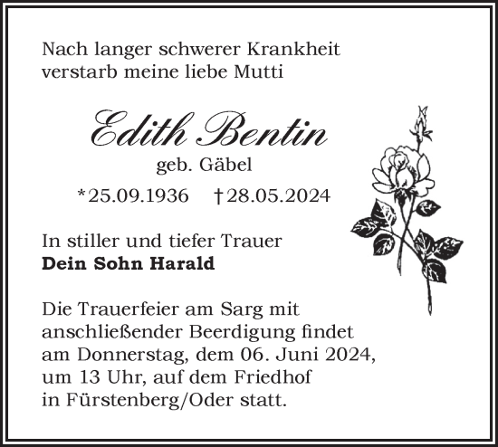 Traueranzeige von Edith Bentin von Märkische Oderzeitung