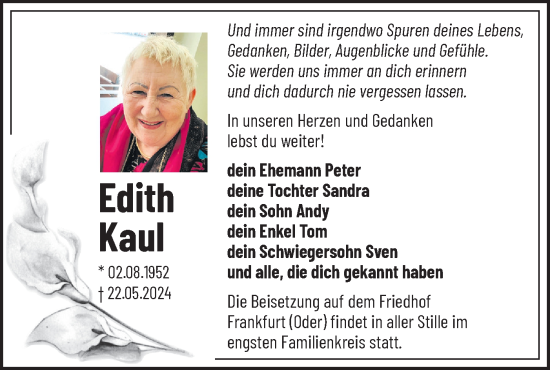 Traueranzeige von Edith Kaul von Märkische Oderzeitung