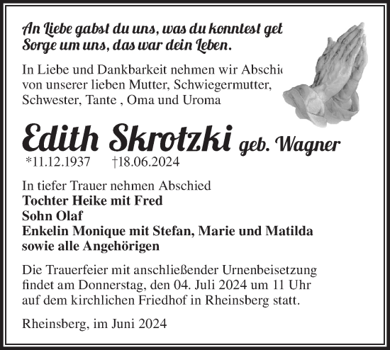 Traueranzeige von Edith Skrotzki von Märkische Oderzeitung