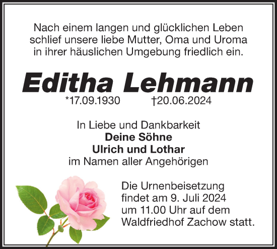 Traueranzeige von Editha Lehmann von Märkische Oderzeitung