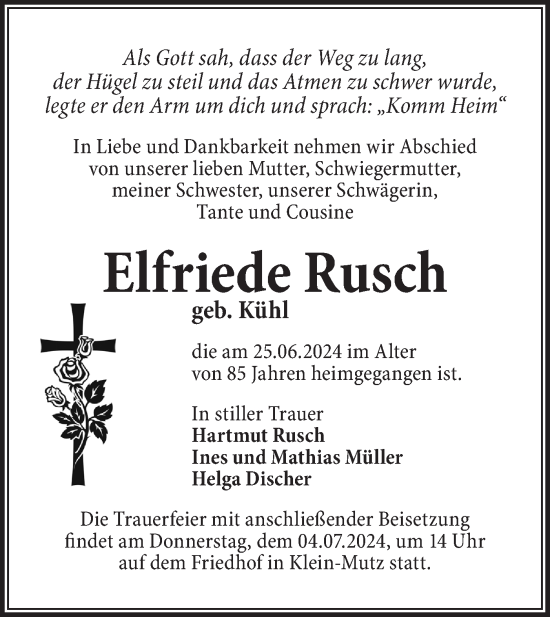 Traueranzeige von Elfriede Rusch von Märkische Oderzeitung