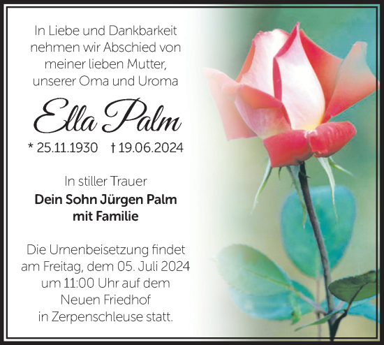 Traueranzeige von Ella Palm von Märkische Oderzeitung