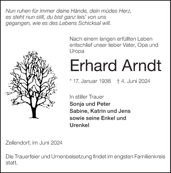 Traueranzeige von Erhard Arndt von Märkische Oderzeitung