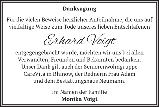 Traueranzeige von Erhard Voigt von Märkische Oderzeitung