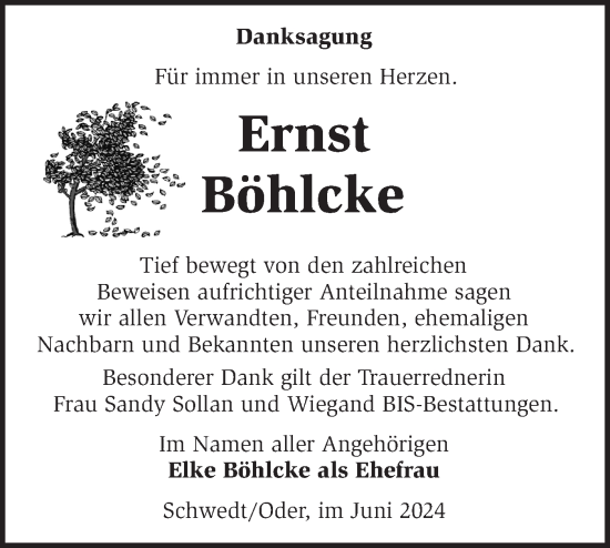 Traueranzeige von Ernst Böhlcke von Märkische Oderzeitung