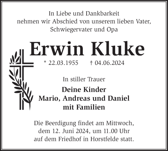 Traueranzeige von Erwin Kluke von Märkische Oderzeitung