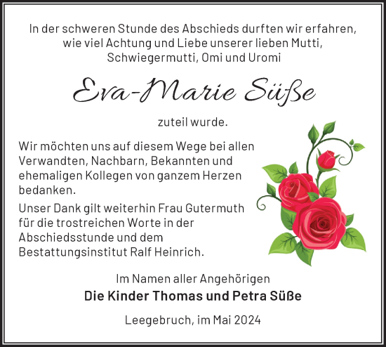 Traueranzeige von Eva-Marie Süße von Märkische Oderzeitung