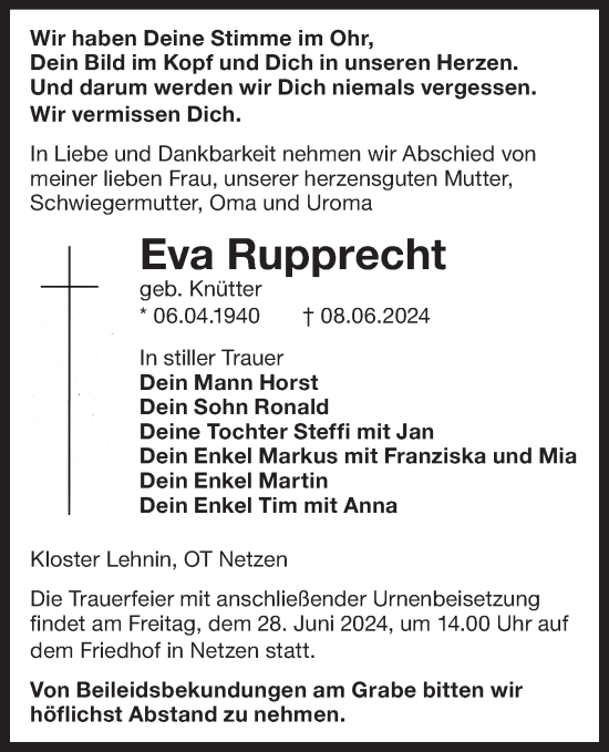 Traueranzeige von Eva Rupprecht von Märkische Oderzeitung