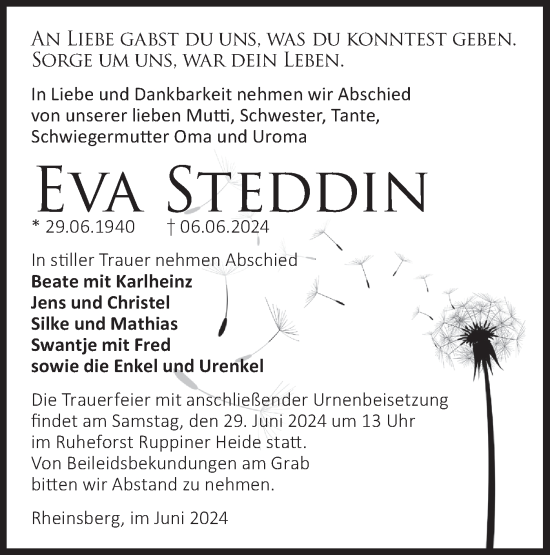 Traueranzeige von Eva Steddin von Märkische Oderzeitung