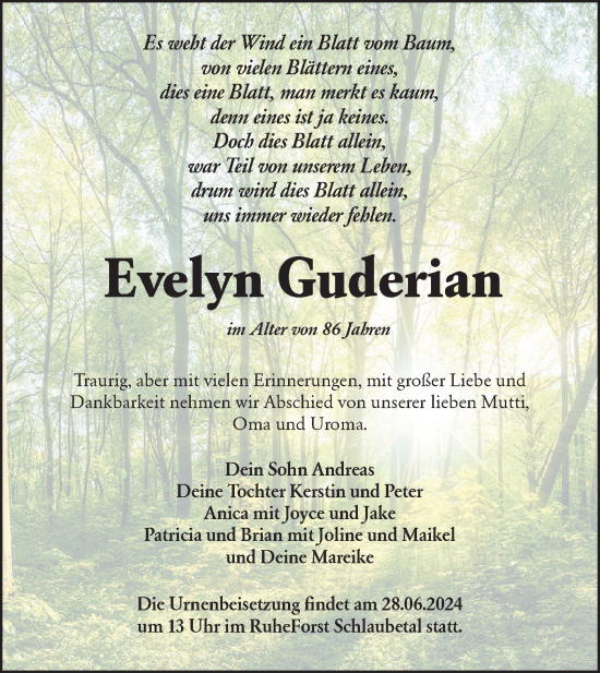 Traueranzeige von Evelyn Guderian von Märkische Oderzeitung