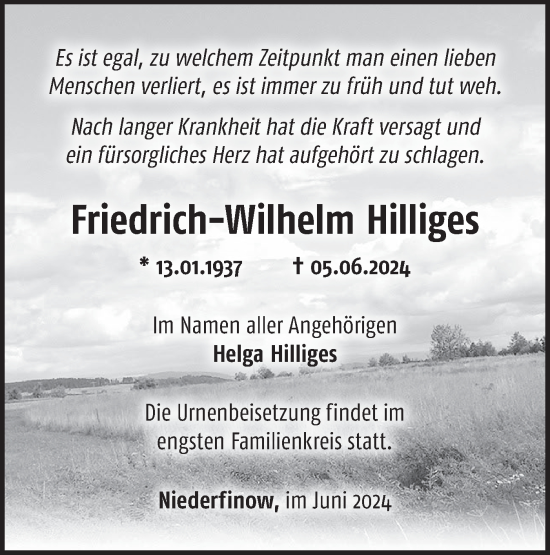 Traueranzeige von Friedrich-Wilhelm Hilliges von Märkische Oderzeitung