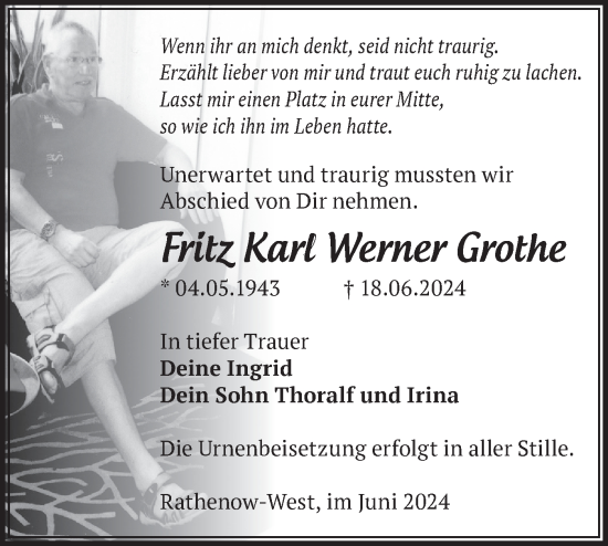 Traueranzeige von Fritz  Grothe von Märkische Oderzeitung