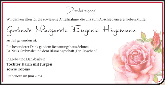 Traueranzeige von Gerlinde Margarete Eugenie Hagemann von Märkische Oderzeitung