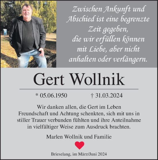 Traueranzeige von Gert Wollnik von Märkische Oderzeitung