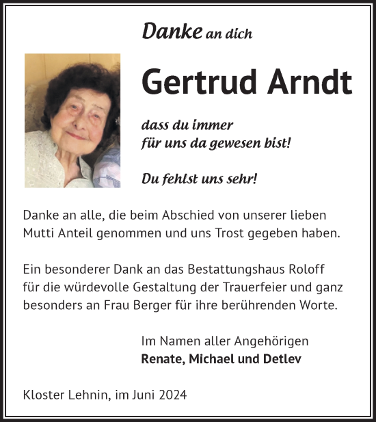 Traueranzeige von Gertrud Arndt von Märkische Oderzeitung