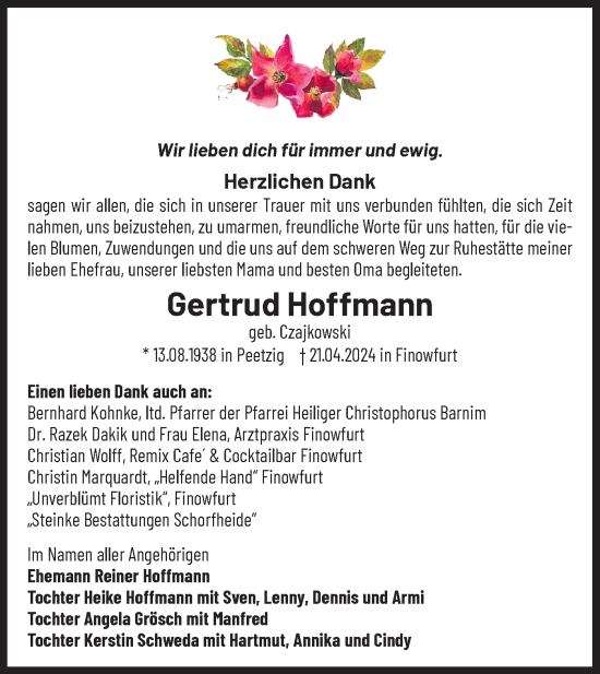 Traueranzeige von Gertrud Hoffmann von Märkische Oderzeitung