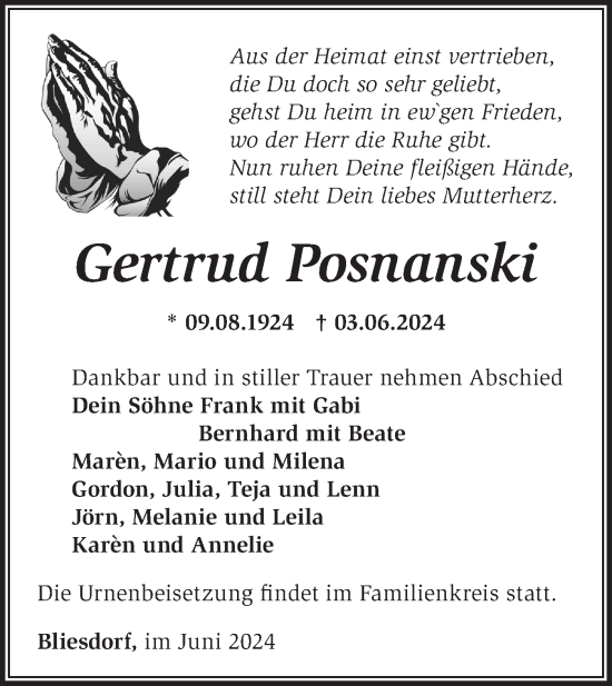 Traueranzeige von Gertrud Posnanski von Märkische Oderzeitung