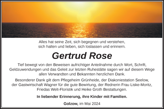 Traueranzeige von Gertrud Rose von Märkische Oderzeitung