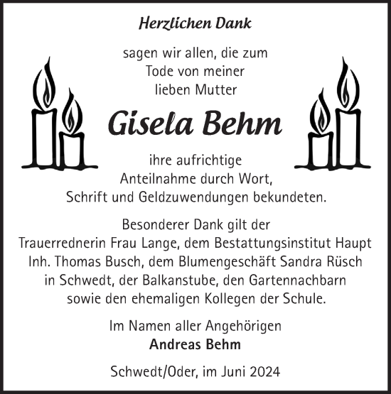 Traueranzeige von Gisela Behm von Märkische Oderzeitung