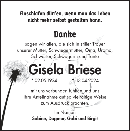 Traueranzeige von Gisela Briese von Märkische Oderzeitung