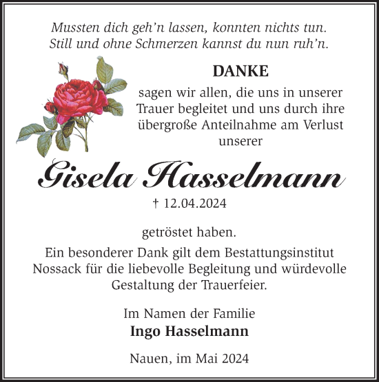 Traueranzeige von Gisela Hasselmann von Märkische Oderzeitung