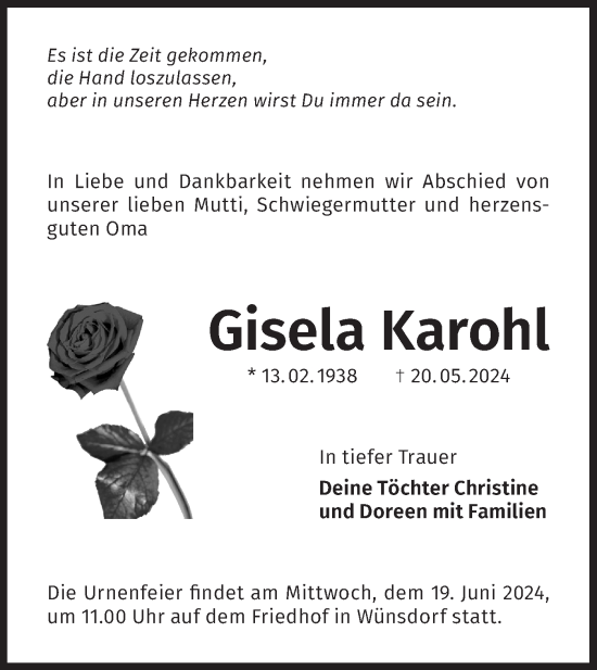 Traueranzeige von Gisela Karohl von Märkische Oderzeitung