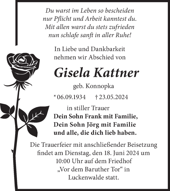 Traueranzeige von Gisela Kattner von Märkische Oderzeitung