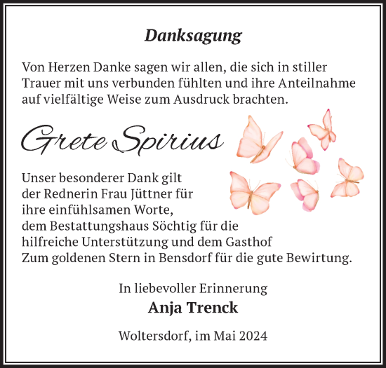 Traueranzeige von Grete Spirius von Märkische Oderzeitung