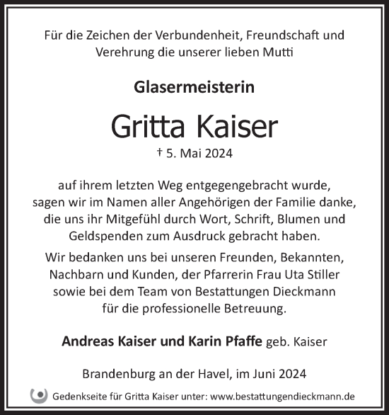 Traueranzeige von Gritta Kaiser von Märkische Oderzeitung