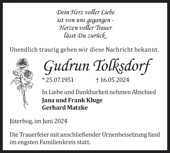 Traueranzeige von Gudrun Tolksdorf von Märkische Oderzeitung