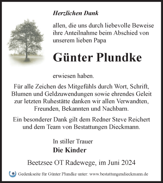 Traueranzeige von Günter Plundke von Märkische Oderzeitung