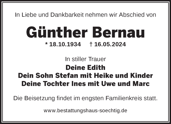 Traueranzeige von Günther Bernau von Märkische Oderzeitung