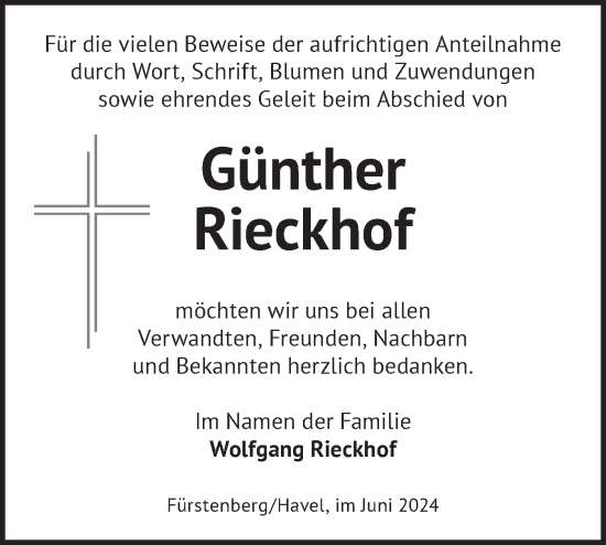 Traueranzeige von Günther Rieckhof von Märkische Oderzeitung