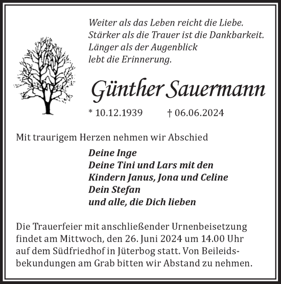 Traueranzeige von Günther Sauermann von Märkische Oderzeitung