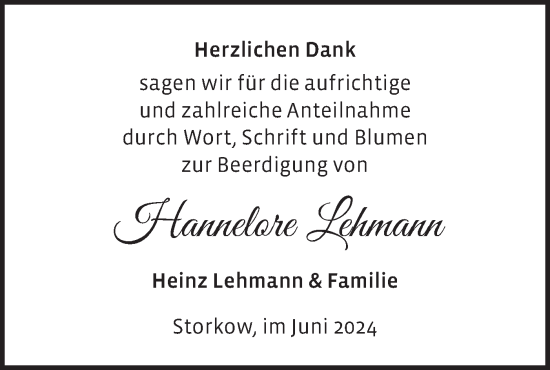 Traueranzeige von Hannelore Lehmann von Märkische Oderzeitung