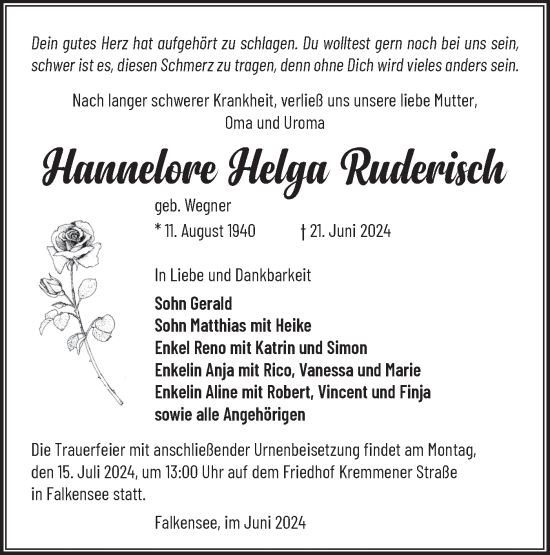 Traueranzeige von Hannelore Ruderisch von Märkische Oderzeitung