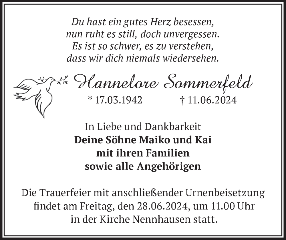  Traueranzeige für Hannelore Sommerfeld vom 22.06.2024 aus Märkische Oderzeitung