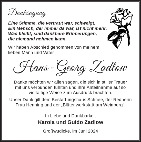 Traueranzeige von Hans-Georg Zadlow von Märkische Oderzeitung