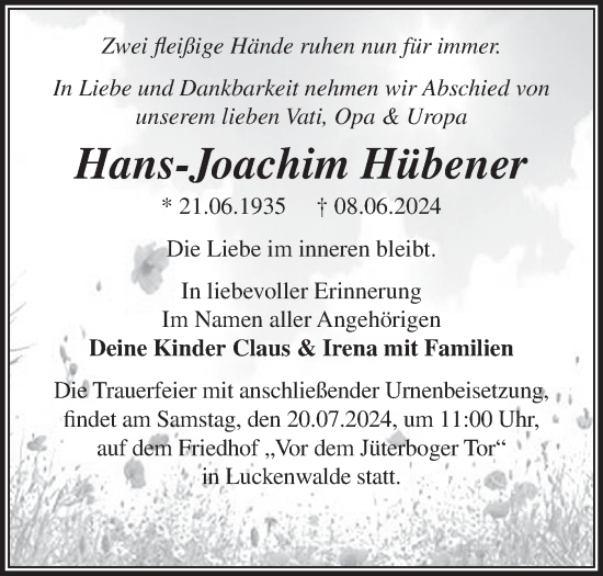 Traueranzeige von Hans-Joachim Hübener von Märkische Oderzeitung