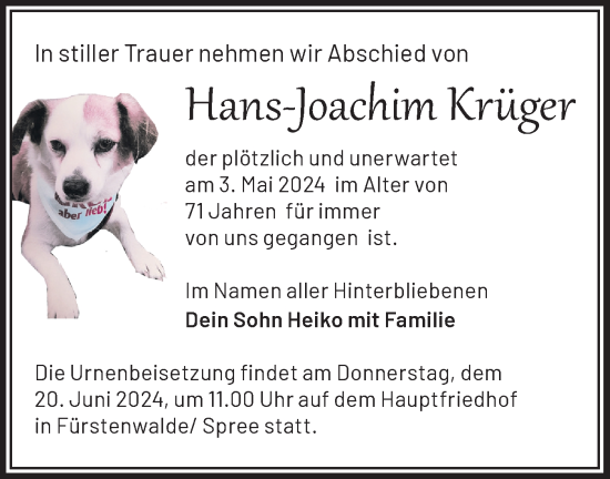 Traueranzeige von Hans-Joachim Krüger von Märkische Oderzeitung