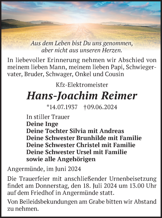 Traueranzeige von Hans-Joachim Reimer von Märkische Oderzeitung