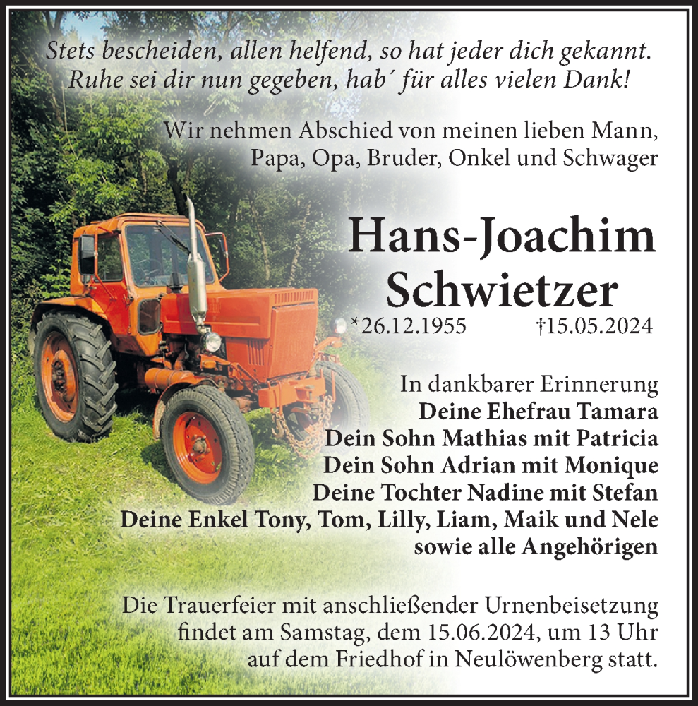  Traueranzeige für Hans-Joachim Schwietzer vom 01.06.2024 aus Märkische Oderzeitung