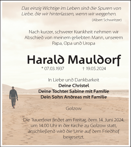 Traueranzeige von Harald Mauldorf von Märkische Oderzeitung