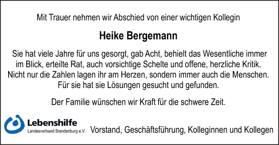 Traueranzeige von Heike Bergemann von Märkische Oderzeitung