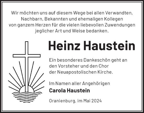 Traueranzeige von Heinz Haustein von Märkische Oderzeitung