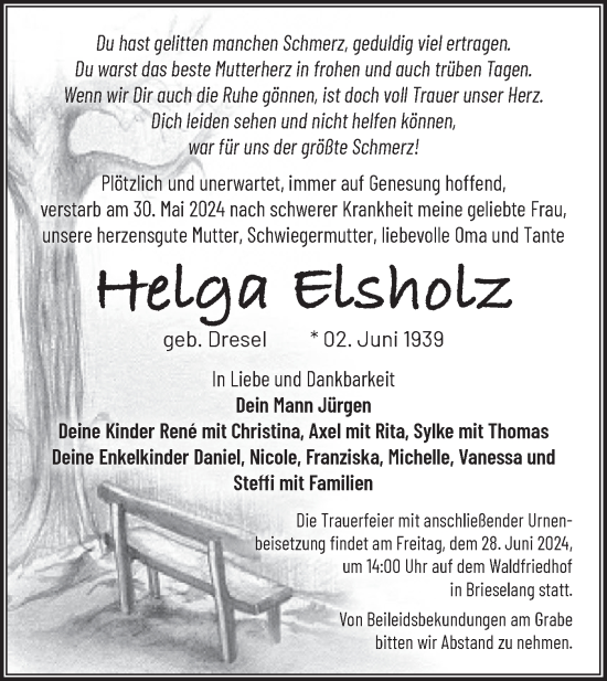 Traueranzeige von Helga Elsholz von Märkische Oderzeitung